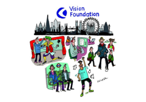 DSC illustration showing blind and partially sighted people in different activities from working to using the tube to performing on stage