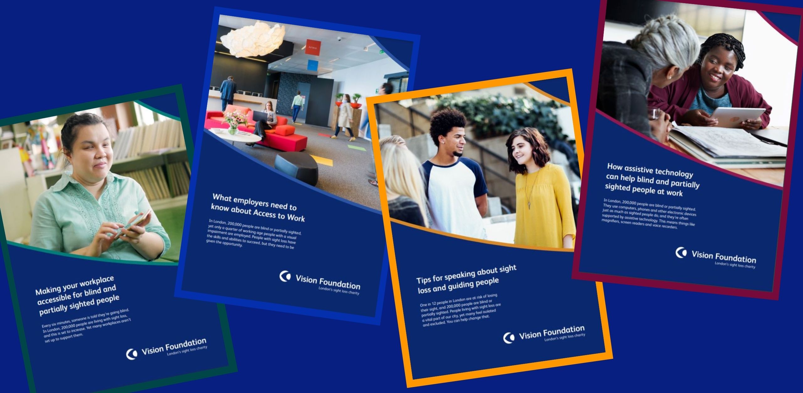 Copies of the Vision Foundation's employer factsheets are arranged on a blue background