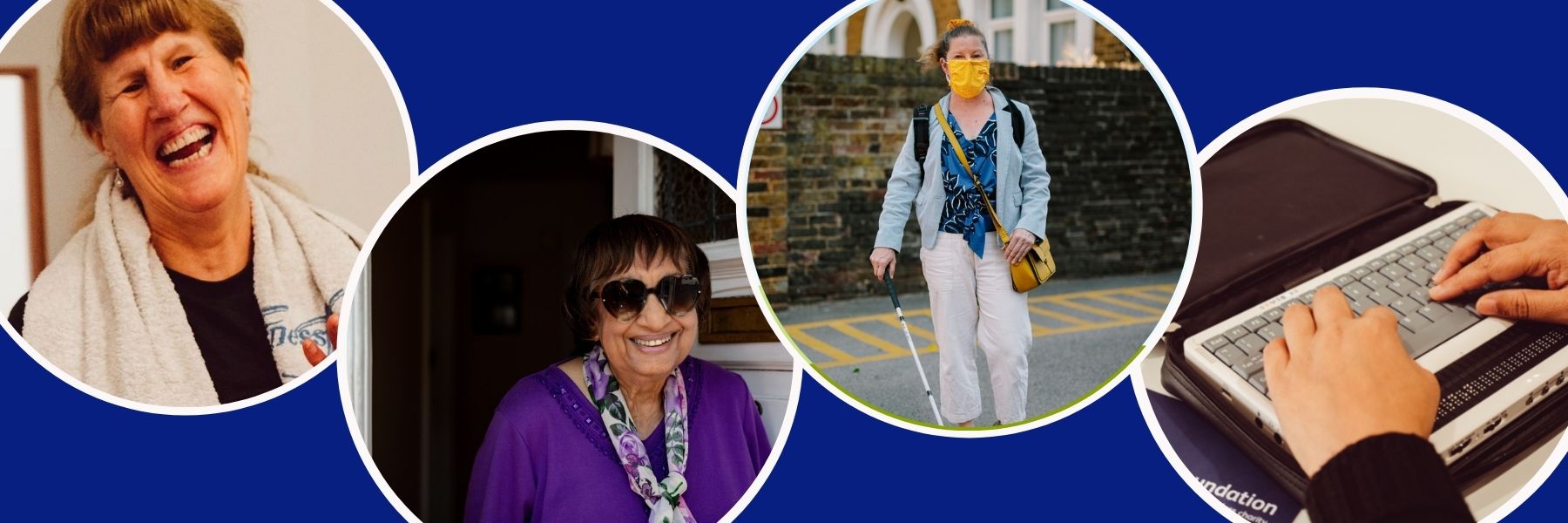 Four circular photos featuring blind and partially sighted people.
