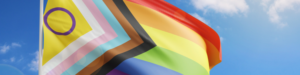 An LGBTQIA+ progress pride flag moving in the wind against a bright blue sky