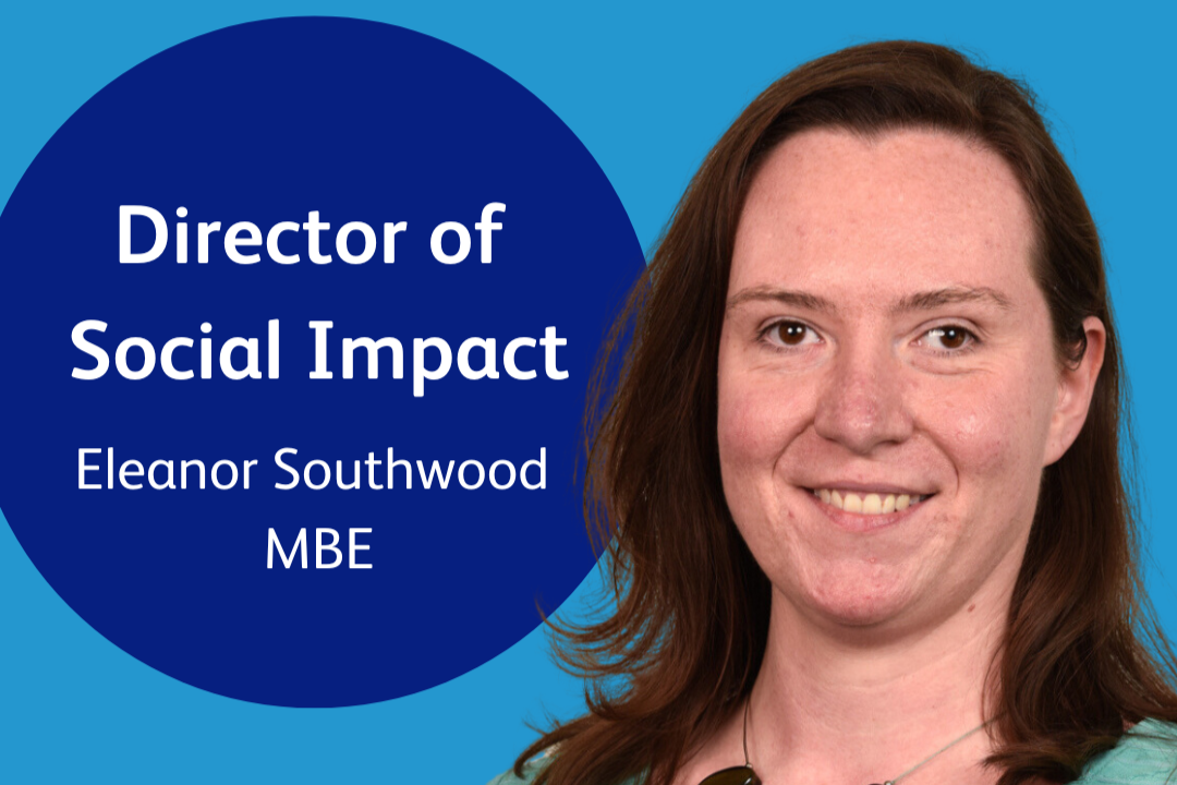 The text 'Director of Social Impact Eleanor Southwood MBE' next to a headshot of Eleanor.