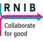 In black the words RNIB and Collaborate for Good with blue and pink arrows meeting together