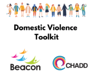 A graphic of a group of people standing in a line holding hands. Below are the words Domestic Violence Toolkit and the Beacon and CHADD logos