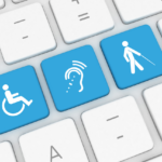 A computer keyboard. The keys that are the focus of the image have been replaced with a symbol for a wheelchair user, someone who is hard of hearing, and a white cane user.